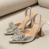 Xajzpa Fashion Sequined Crystal Bowknot Women Pumps Sexy Pointed Toe Red High Heels Wedding Banquet Shoes Ladies Slingback Sandal