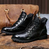 Xajzpa Men Shiny Mid-cut Boots Autumn Lace-up Crocodile Leather Men's Shoe Thick-soled Non-slip Motorcycle Ankle Boots Large Size 38-48
