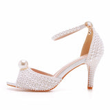 Xajzpa White Pearl Sandals Women Open Toe High Heels Lady Luxury Wedding Shoes Banquet Dress Stiletto