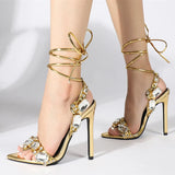Xajzpa Sexy Ankle Strap Golded Sandals Women Party Nightclub Stripper Heels High Quality Crystal Diamond Pointed Toe Wedding Shoe