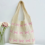 Xajzpa Knitted Handbags Large Capacity Bow Pattern Crochet Tote Bag Bow Pattern Crochet Tote Bag Multifunctional Knitted Shopping Bag