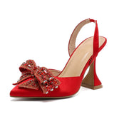 Xajzpa Fashion Sequined Crystal Bowknot Women Pumps Sexy Pointed Toe Red High Heels Wedding Banquet Shoes Ladies Slingback Sandal