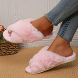 Xajzpa Faux Fur Corss Band Fuzzy Slippers Women Winter Warm Plush Indoor Fluffy Shoes Woman Soft Sole Open Toe Home Cotton Slippers