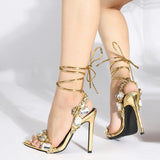 Xajzpa Sexy Ankle Strap Golded Sandals Women Party Nightclub Stripper Heels High Quality Crystal Diamond Pointed Toe Wedding Shoe