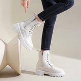 Xajzpa  Women's Short Plush Warm Ankle Boots Winter Waterproof PU Leather Snow Boots Women Non-Slip Lace Up Platform Combat Booties