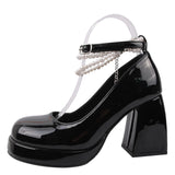 Xajzpa Vintage High Heels Mary Jane Shoes for Women Patent Leather Platform Pumps Woman Pearls Chain Thick-Heeled Shoes Female