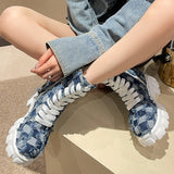 Xajzpa - Fashion Chunky Platform Boots for Women 2023 Autumn Lace Up Denim Ankle Boots Woman Non Slip Thick Bottom Motorcycle Botas Mujer