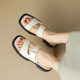 New Split Leather Summer Slippers Women 2024 Square Toe Chunky Heel Sandals Open Toe Shoes for Women Handmade Slippers Women