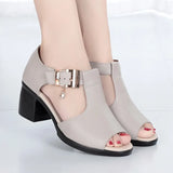 Xajzpa Beige Heeled Sandals Comfort Shoes for Women Med Buckle Strap 2025 Summer Black Block Girls Low Closed High Medium New Fashion S