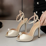 Xajzpa High Quality Cozy Silk Peep Toe 11CM Thin Heels Gladiator Sandals Women Fashion Pearl Designer Shoes Ankle Strap Sandalias