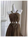 Xajzpa Fashion Women Dress Sleeveless Halter Solid Color Female Vacation Beach Party Dresses New Tide