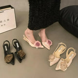 Xajzpa New Flower Designer Sandals Women Elegant Satin Mule Shoes Summer Pointed Toe Pumps Low Heel Flowers Slingback Sandals Female