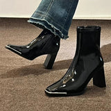 Xajzpa Fashion Women Thick High Heel Ankle Boots Solid Patent Leather Office Pumps Autumn Mujer Square Toe Short Boots