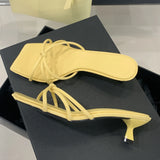 Xajzpa Summer Narrow Band Buckle Strap Slippers Women Square Toe Stiletto Low Heels Slide Mules Party Shoes Zapatos De Mujer