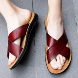 Xajzpa Italian genuine leather slippers for men's beach summer high-quality large size 38-47 flat bottomed herringbone sandals