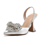 Xajzpa Fashion Sequined Crystal Bowknot Women Pumps Sexy Pointed Toe Red High Heels Wedding Banquet Shoes Ladies Slingback Sandal