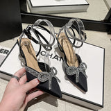 Xajzpa New Women's Crystal Sandals Classic Fairy Bow High Heels Summer New Water Diamond Fine Heel Bridesmaid Wedding Shoes