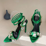 Xajzpa Sexy Green Cross Ankle Strap Sandals Women Party Club Stripper Heels High Quality Crystal Diamond Pointed Toe Wedding Shoe