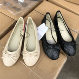 Xajzpa Spring Autumn Elegant Bowknot Ballerina Flat Women's Round Toe Comfort Slip-On Ladies Loafers Leather Single Mules Shoes