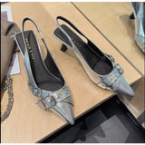 Xajzpa Luxury Brand Designer Women Sandals Fashion Pointed Toe Buckle Strap Metal High Heeled Kitten Heel Elegant Single Shoes Female