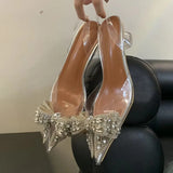 Xajzpa Spring Sexy Slingback Shoes Women Mules Sandals Fashion Crystal Diamond Bowknot Pointed Toe Transparent Heels Pumps