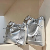 Xajzpa - Casual Simple Silver Shoulder Bag Bow Applique Chain Large Capacity Crossbody Bag Solid Color Pu Leather Fashion Handbag