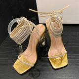 Xajzpa Sexy Silver Crystal Ankle Cross Strap Sandals Women Elegant Wedding Banquet Shoes Fashion Square Open Toe Fretwork Heels