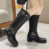 Xajzpa  Metal Buckle Square Toe Knee High Boots Women Black PU Leather Punk Long Boots Woman Autumn Chunky Heels Motorcycle Booties