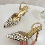 Xajzpa Elegant Pointed Toe Slingback Stiletto Sandals Crystal Diamonds Women Pumps High Heels Wedding Prom Shoes Zapatos Mujer