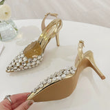 Xajzpa Elegant Pointed Toe Slingback Stiletto Sandals Crystal Diamonds Women Pumps High Heels Wedding Prom Shoes Zapatos Mujer