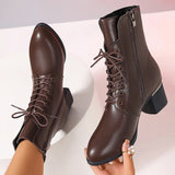 Xajzpa  Autumn Lace Up Thick Heels Ankle Boots Women Plus Size Zip Pu Leather Boots Woman Retro High Heeled Short Booties Mujer