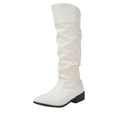 Xajzpa   Vintage Thick Heel Women Pleated Knee High Boots Fashion Slip On Shoes Autumn Winter Ladies Long Booties