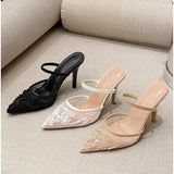 Xajzpa Luxury Brand High Heels Women Sandals Mesh Embroider Elegant Pointed Ladies Slingback Designer Party Wedding Bridal Dress Shoes