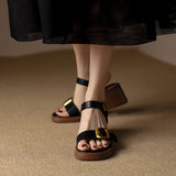 Genuine Cow Leather Sandals Block Mid Heels Women Roma Sandals Square Toe Retro Buckle Sandals Ankle Strap
