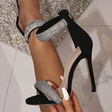 Xajzpa Fashion Glitter Rhinestones Ankle Wrap Zip Sandal Women Summer Fashion Open Toe Stripper Heels Party Dress Shoes Black