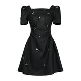Xajzpa Fashion Diamond Studded Dress Women's Waist Cinched Square Neck Short Sleeve Dresses 2025 Summer New Tide