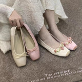 Xajzpa Women Flats Bow Marie Janes Shoes Elegant Wedding Shoes Lolita Dress Square Toe Shoes Designer Walking Shoes Female Zapatos