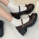 Xajzpa Brown Jk Uniform Shoes British Style Retro Japanese Mary Jane Shoes Women's Lolita Bow Sweet Girls Kawaii Mid Heel Cute Laofers