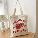 1pc Cute Strawberry Pattern Tote Bag, Casual Canvas Shopping Bag, Reusable Grocery Shoulder Bag