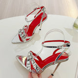 Xajzpa Summer Fashion Gem Rivet Narrow Band Women's Metal Thih High Heels Sandals Sexy Pointed Open Toe Party Dress Shoes Size 41