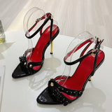 Xajzpa Summer Fashion Gem Rivet Narrow Band Women's Metal Thih High Heels Sandals Sexy Pointed Open Toe Party Dress Shoes Size 41