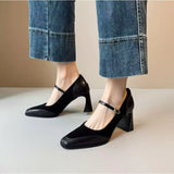Xajzpa New Style Fashion French Style Women's Black Square Toe Chunky Heel Thick Sole Buckle Slip-On Pumps Vintage Sandals for Ladies