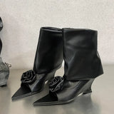 Xajzpa Fashion Street Style Design Flowers Peep Pointed Toe Women Ankle Boots Sandals Wedges High Heels Ladies Shoes