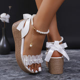 Xajzpa Chic Faux Pearl Wedge Sandals - Open Toe, Ankle Strap, Platform Heel in Solid Color