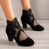 Women's Mesh Block Heel Boots, Fashion Floral Embroidered Back Zipper Heels, Versatile Dress Ankle Boots