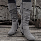 Women's Solid Color Boots, Side Zipper Round Toe Chunky Heel Mid Calf Non-slip Outdoor Boots, Versatile Casual Shoes