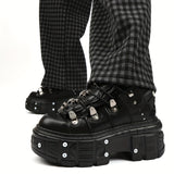 Xajzpa [Punk Shoes] Metallic Punk Shoes | Women Casual Platform, Men's Combat Sneakers, Metal Decor Rock Motorcycle Flats, Cross Tied Sneakers For Girls