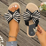 Xajzpa 1 Pair Honey Girl Women'S Summer Striped Bowknot Slides - Round Toe Slip-On Flat Beach Slippers with Ankle Strap, Comfortable Fabric Upper & Inner, EVA Sole & Insole