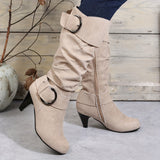 Women's Slouch Knee High Boots, Buckle Strap Side Zipper High Heeled Boots, Comfortable Suedette Long Boots