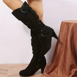 Women's Slouch Knee High Boots, Buckle Strap Side Zipper High Heeled Boots, Comfortable Suedette Long Boots